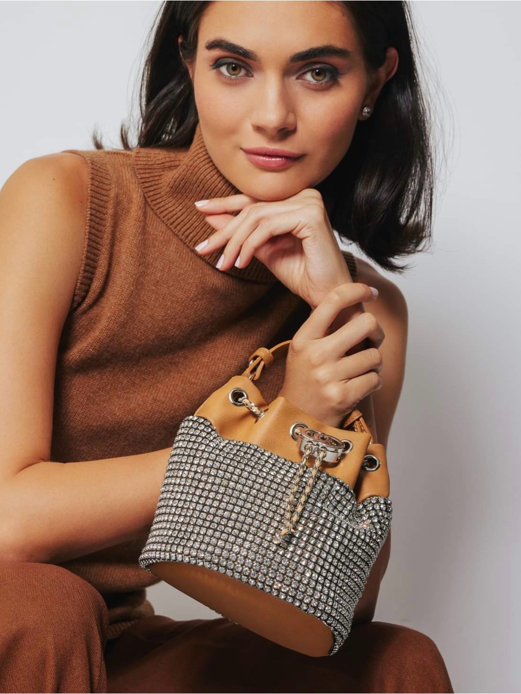 Crystal-Embellished Tan Mini Drawstring Bucket Bag